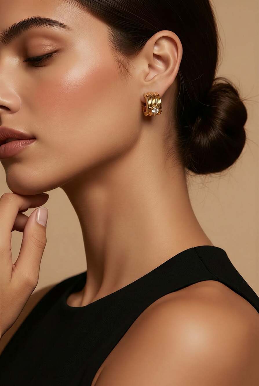 Ettika Gold Tone Ribbed Hoop Earrings with Crystal Accent